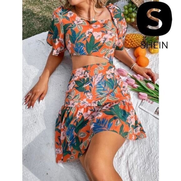 Shein Floral Print Lantern Sleeve Cut Out Asymmetrical Neck Ruffle Hem - Picture 3 of 12